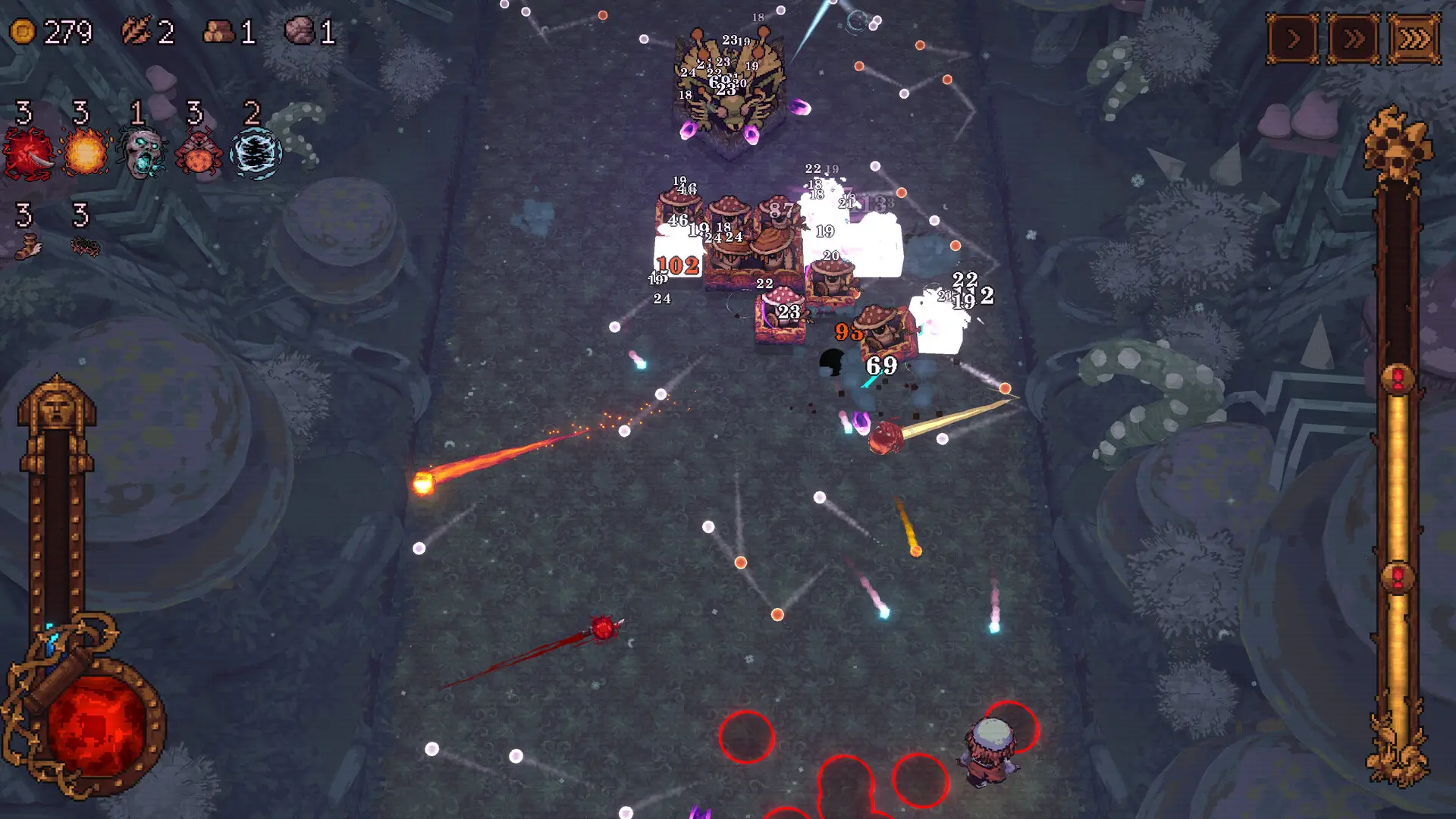 A top-down screenshot from the roguelite game BALL x PIT, showing the player character near the bottom center firing a stream of projectiles at groups of block-like enemies and a central mini-boss, with damage numbers and an interface displaying resources and stats.