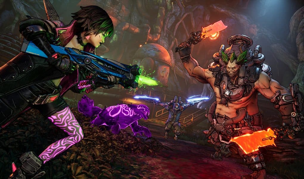 A colorful, cell-shaded action screenshot from Borderlands 4 showing a female vault hunter with glowing purple markings firing a blue and green energy weapon at a male psycho-bandit enemy wielding glowing orange melee weapons. A purple, feline pet and another character are visible in the background.