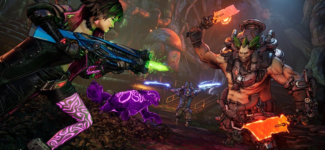 A colorful, cell-shaded action screenshot from Borderlands 4 showing a female vault hunter with glowing purple markings firing a blue and green energy weapon at a male psycho-bandit enemy wielding glowing orange melee weapons. A purple, feline pet and another character are visible in the background.
