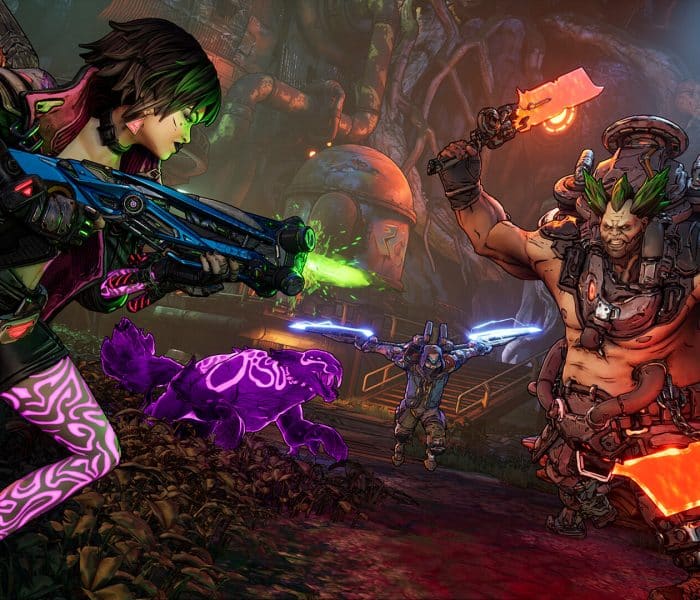 A colorful, cell-shaded action screenshot from Borderlands 4 showing a female vault hunter with glowing purple markings firing a blue and green energy weapon at a male psycho-bandit enemy wielding glowing orange melee weapons. A purple, feline pet and another character are visible in the background.