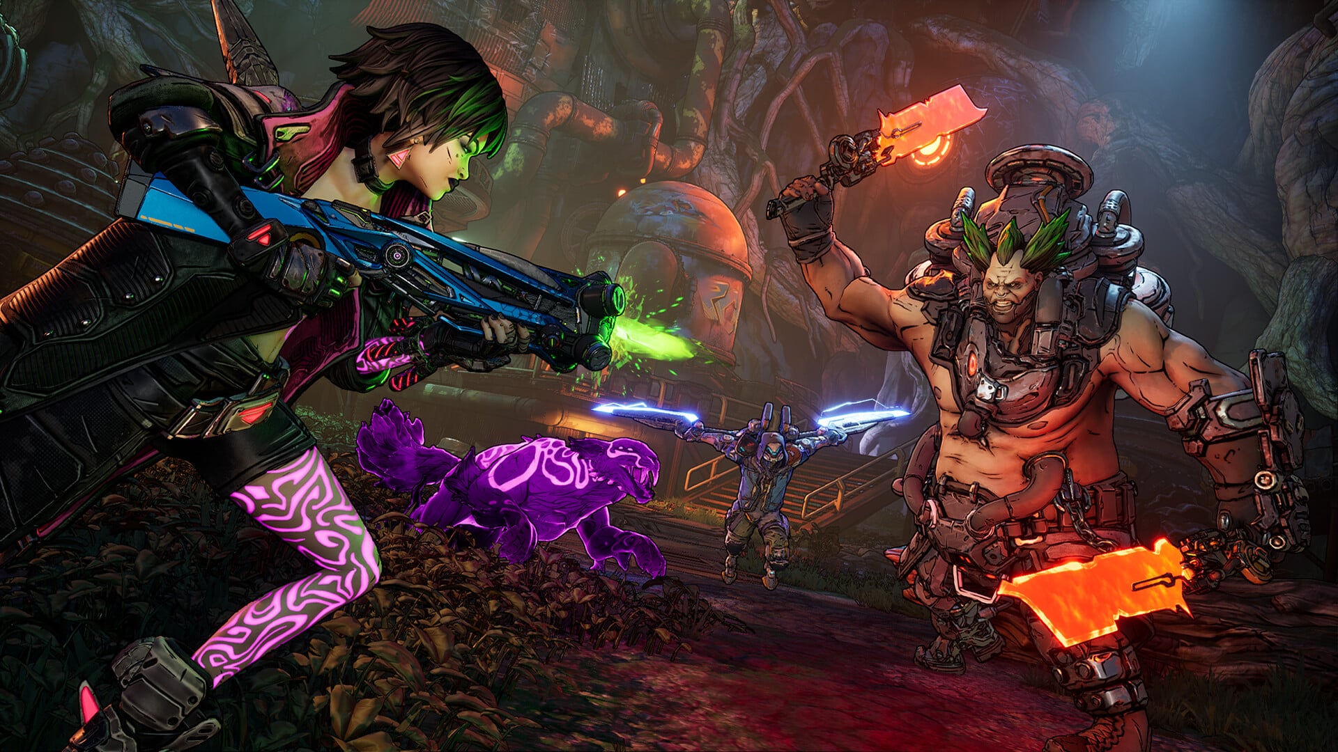A colorful, cell-shaded action screenshot from Borderlands 4 showing a female vault hunter with glowing purple markings firing a blue and green energy weapon at a male psycho-bandit enemy wielding glowing orange melee weapons. A purple, feline pet and another character are visible in the background.