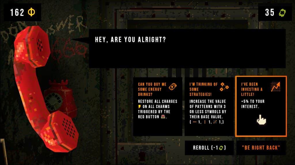 A pixelated first-person screenshot from Cloverpit showing a phone conversation where the player is presented with dialogue choices and strategic actions, with a large, red rotary phone receiver in the foreground.