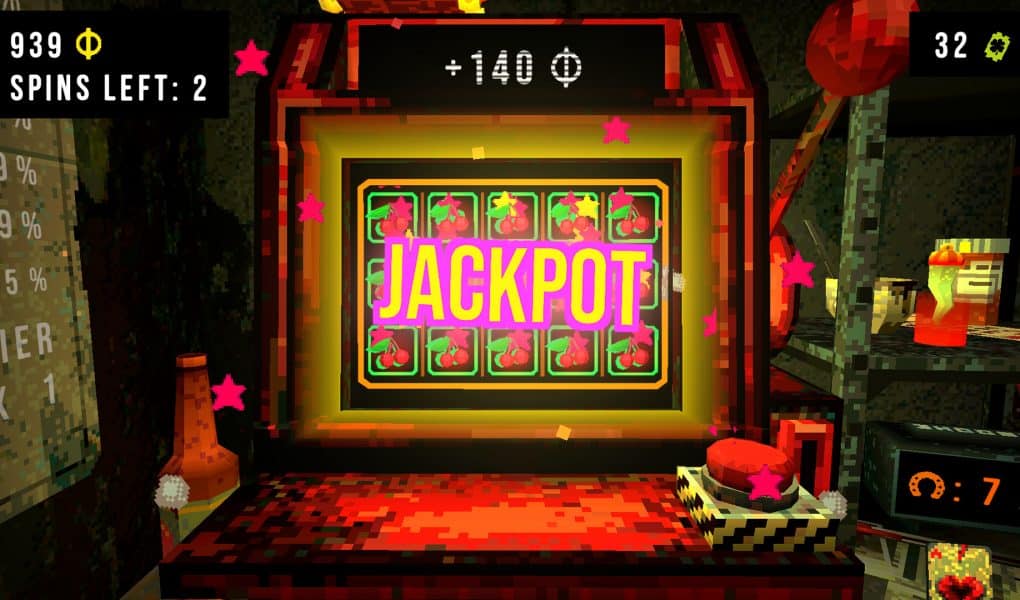 A first-person screenshot from Cloverpit showing a glowing slot machine displaying the word "JACKPOT" in neon pink, surrounded by various pixelated, grungy room elements and game interface information.