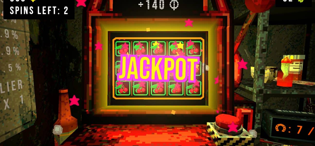 A first-person screenshot from Cloverpit showing a glowing slot machine displaying the word "JACKPOT" in neon pink, surrounded by various pixelated, grungy room elements and game interface information.