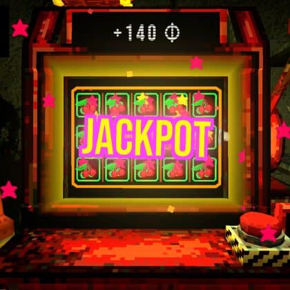 A first-person screenshot from Cloverpit showing a glowing slot machine displaying the word "JACKPOT" in neon pink, surrounded by various pixelated, grungy room elements and game interface information.