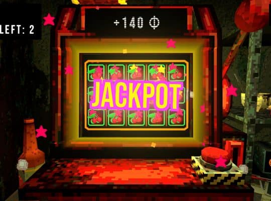 A first-person screenshot from Cloverpit showing a glowing slot machine displaying the word "JACKPOT" in neon pink, surrounded by various pixelated, grungy room elements and game interface information.