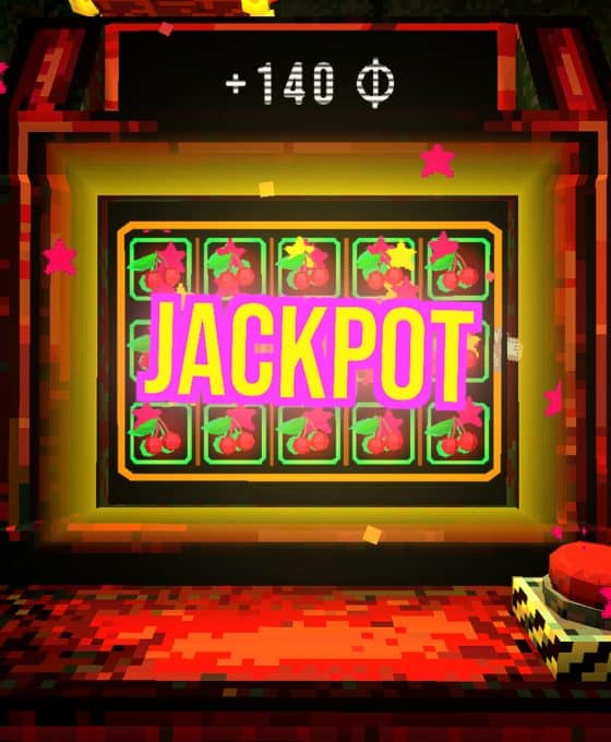 A first-person screenshot from Cloverpit showing a glowing slot machine displaying the word "JACKPOT" in neon pink, surrounded by various pixelated, grungy room elements and game interface information.