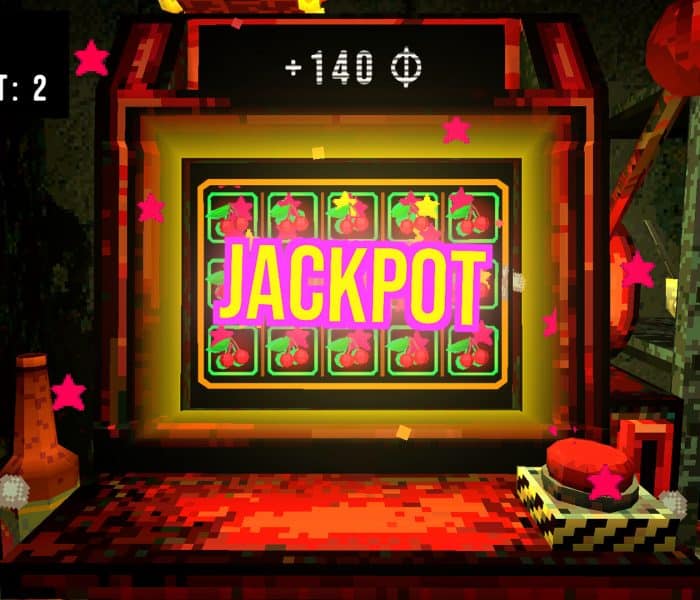 A first-person screenshot from Cloverpit showing a glowing slot machine displaying the word "JACKPOT" in neon pink, surrounded by various pixelated, grungy room elements and game interface information.