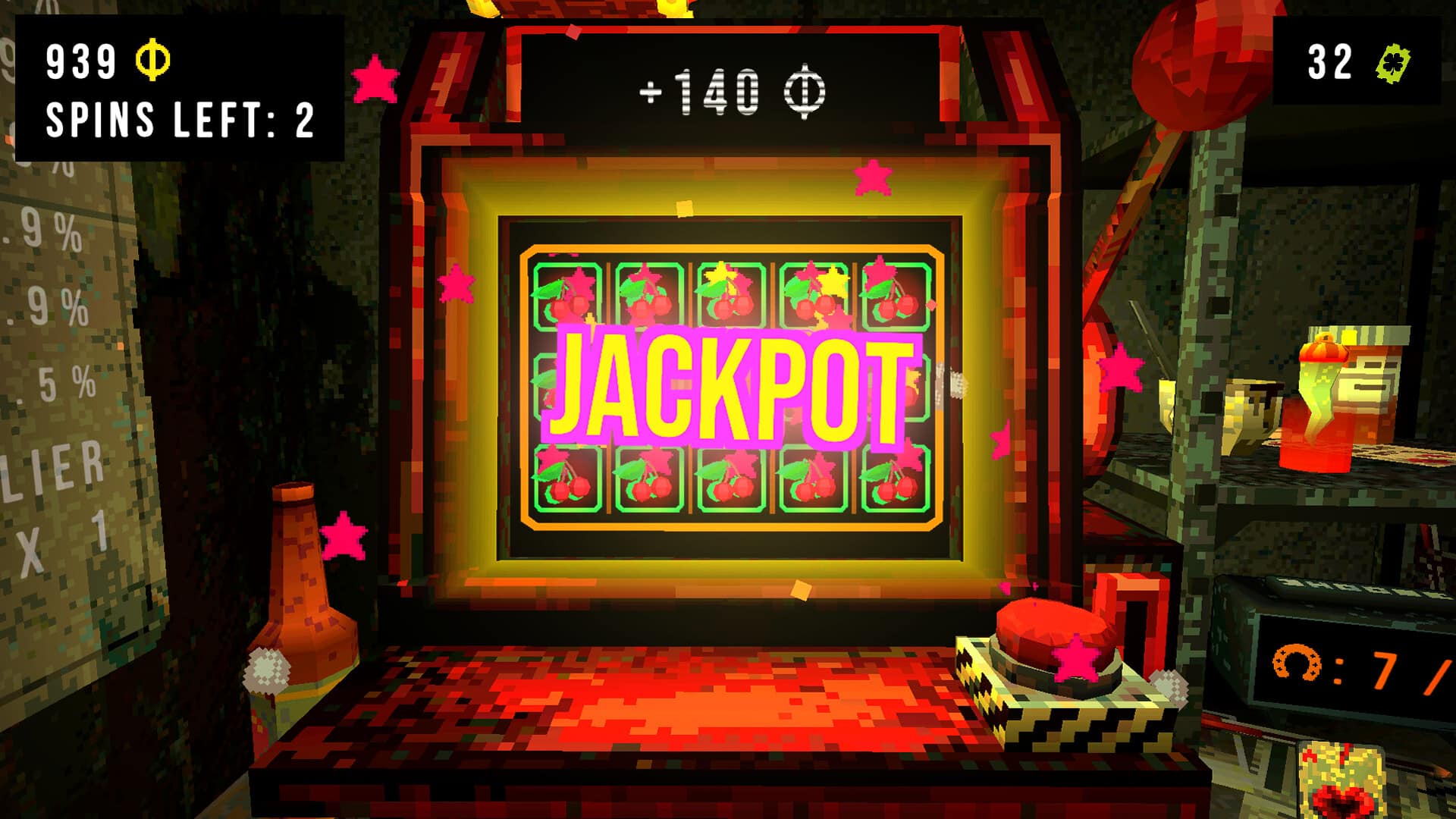 A first-person screenshot from Cloverpit showing a glowing slot machine displaying the word "JACKPOT" in neon pink, surrounded by various pixelated, grungy room elements and game interface information.