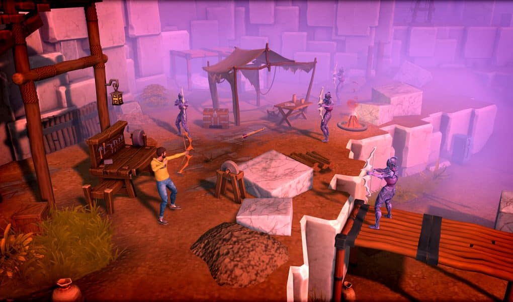 A colorful, isometric screenshot from the action RPG Dysplaced showing a character in a yellow shirt aiming a bow and arrow in a ruined, dusty camp against several purple, glowing humanoid enemies.