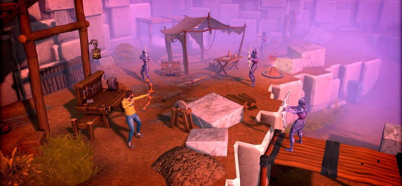 A colorful, isometric screenshot from the action RPG Dysplaced showing a character in a yellow shirt aiming a bow and arrow in a ruined, dusty camp against several purple, glowing humanoid enemies.