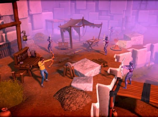 A colorful, isometric screenshot from the action RPG Dysplaced showing a character in a yellow shirt aiming a bow and arrow in a ruined, dusty camp against several purple, glowing humanoid enemies.