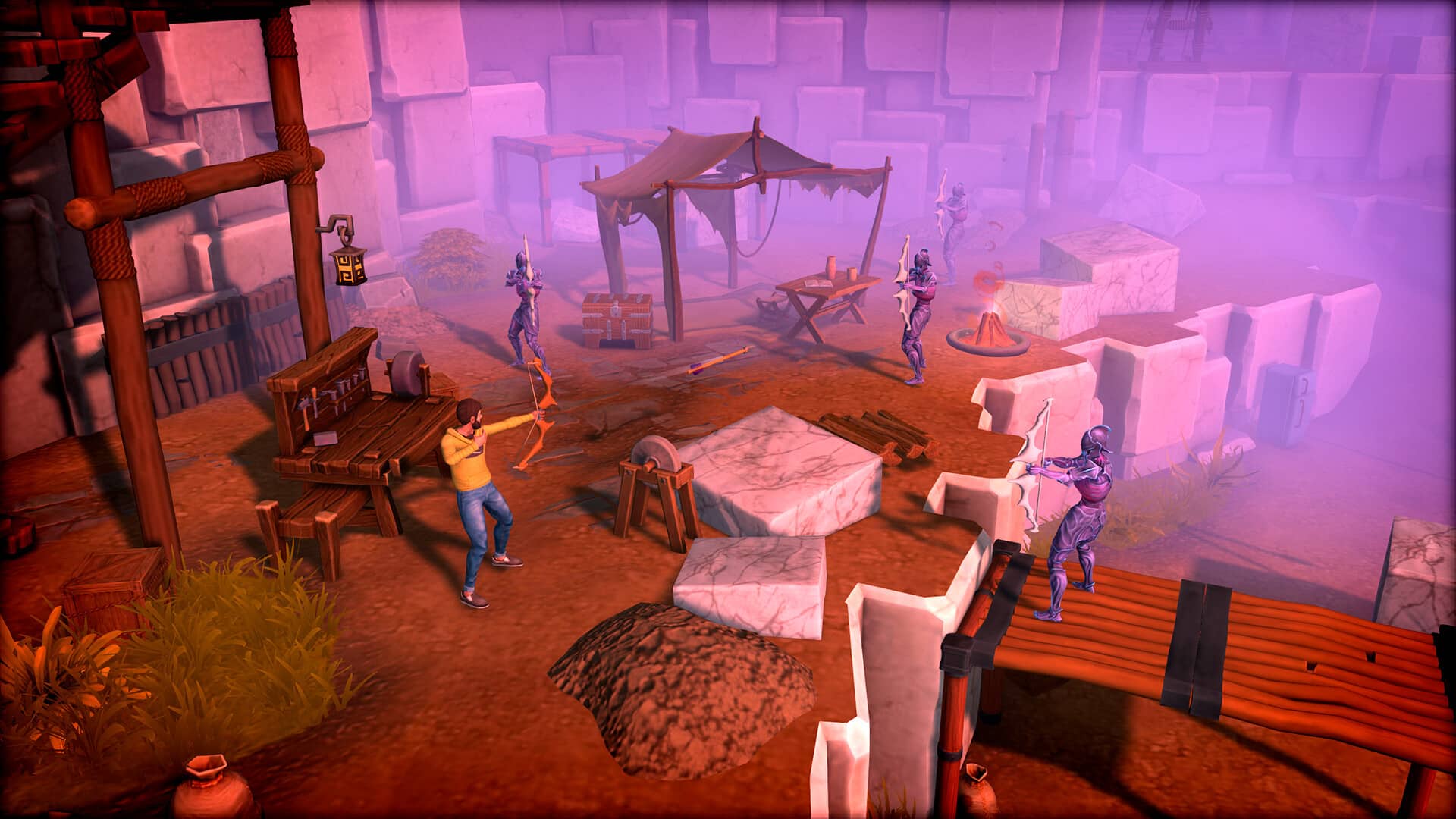 A colorful, isometric screenshot from the action RPG Dysplaced showing a character in a yellow shirt aiming a bow and arrow in a ruined, dusty camp against several purple, glowing humanoid enemies.