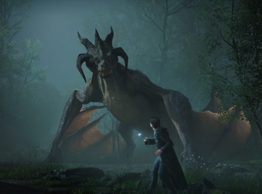 A dramatic screenshot from Hogwarts Legacy showing a student wizard standing bravely in a misty forest, aiming his wand at a large, fierce-looking dragon with prominent horns and leathery wings.