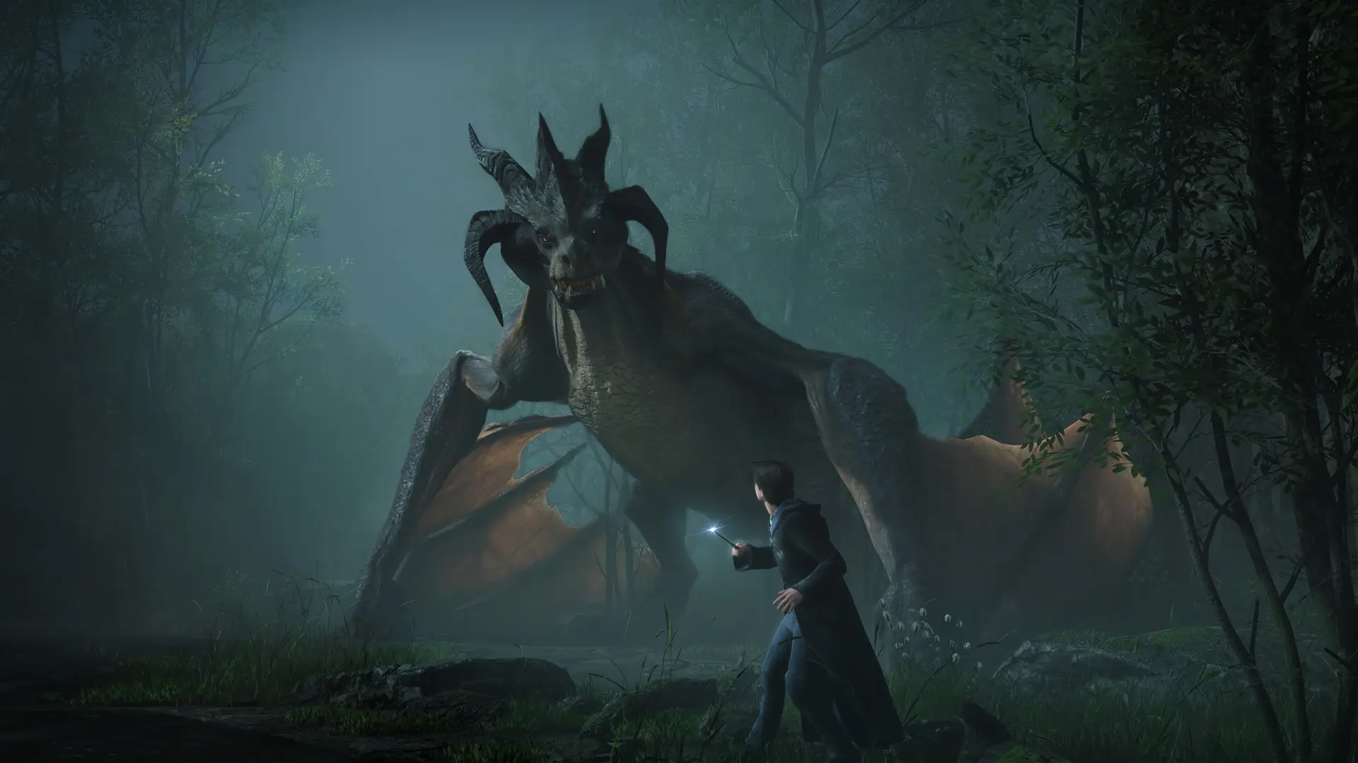 A dramatic screenshot from Hogwarts Legacy showing a student wizard standing bravely in a misty forest, aiming his wand at a large, fierce-looking dragon with prominent horns and leathery wings.