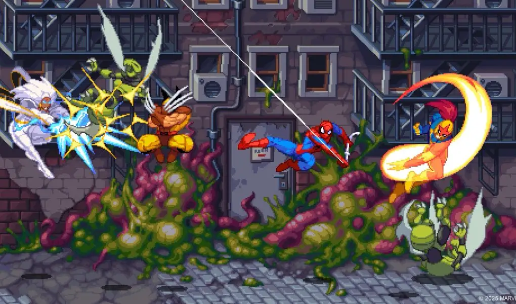 A pixel art screenshot of Marvel Invasion showing a chaotic fight between several Marvel superheroes, including Wolverine, Spider-Man, and what appears to be a version of Captain Marvel, battling alien enemies against a dark, city alley background covered in pulsating alien matter.
