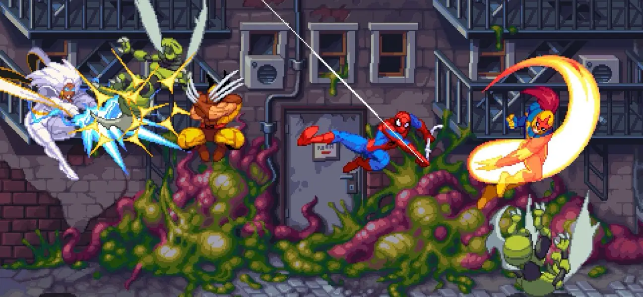 A pixel art screenshot of Marvel Invasion showing a chaotic fight between several Marvel superheroes, including Wolverine, Spider-Man, and what appears to be a version of Captain Marvel, battling alien enemies against a dark, city alley background covered in pulsating alien matter.