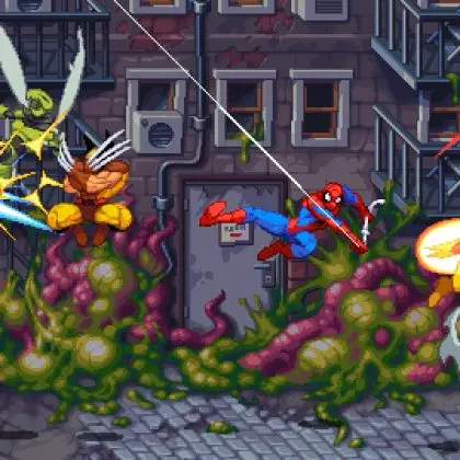 A pixel art screenshot of Marvel Invasion showing a chaotic fight between several Marvel superheroes, including Wolverine, Spider-Man, and what appears to be a version of Captain Marvel, battling alien enemies against a dark, city alley background covered in pulsating alien matter.