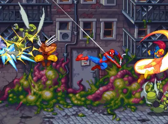 A pixel art screenshot of Marvel Invasion showing a chaotic fight between several Marvel superheroes, including Wolverine, Spider-Man, and what appears to be a version of Captain Marvel, battling alien enemies against a dark, city alley background covered in pulsating alien matter.