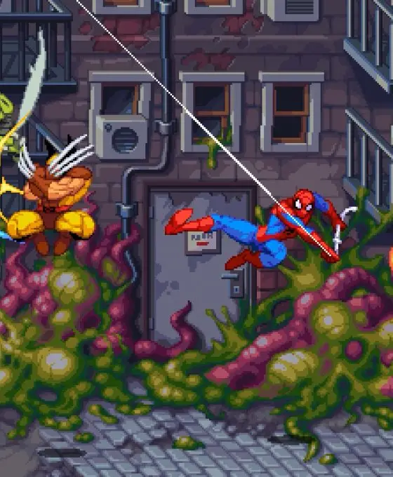 A pixel art screenshot of Marvel Invasion showing a chaotic fight between several Marvel superheroes, including Wolverine, Spider-Man, and what appears to be a version of Captain Marvel, battling alien enemies against a dark, city alley background covered in pulsating alien matter.