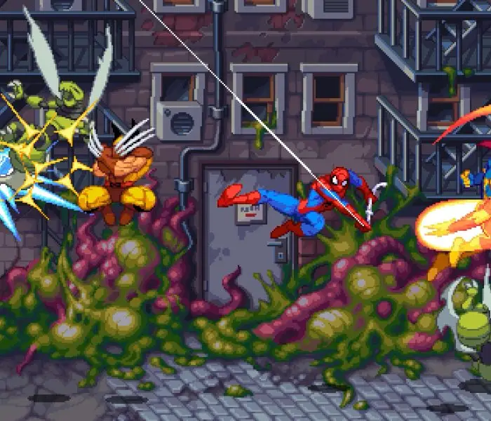 A pixel art screenshot of Marvel Invasion showing a chaotic fight between several Marvel superheroes, including Wolverine, Spider-Man, and what appears to be a version of Captain Marvel, battling alien enemies against a dark, city alley background covered in pulsating alien matter.