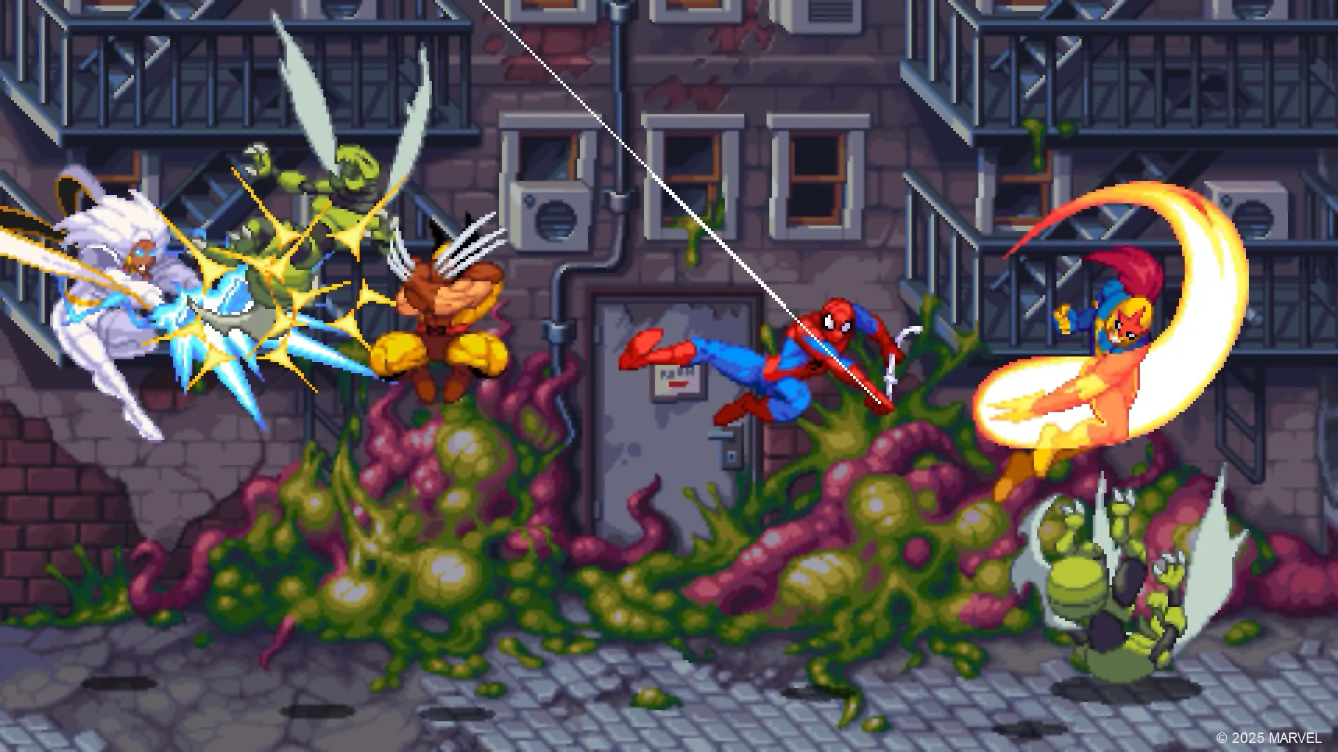 A pixel art screenshot of Marvel Invasion showing a chaotic fight between several Marvel superheroes, including Wolverine, Spider-Man, and what appears to be a version of Captain Marvel, battling alien enemies against a dark, city alley background covered in pulsating alien matter.