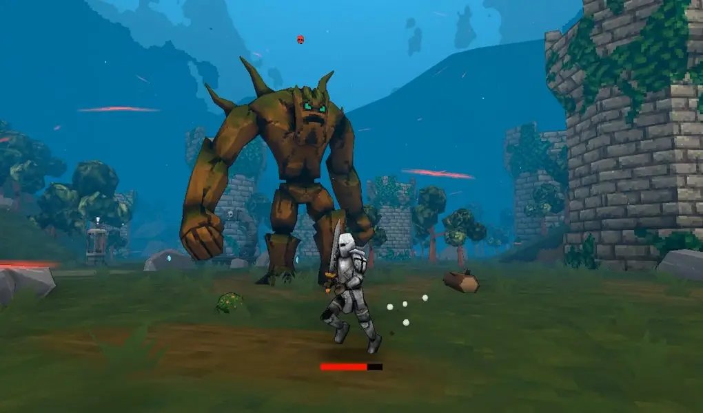 A colorful, low-poly 3D screenshot from the action game MegaBonk showing a knight character with a sword running away from a massive, brown, horned, tree-like giant in a grassy outdoor ruin environment.
