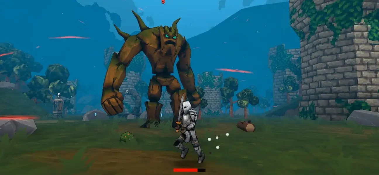 A colorful, low-poly 3D screenshot from the action game MegaBonk showing a knight character with a sword running away from a massive, brown, horned, tree-like giant in a grassy outdoor ruin environment.