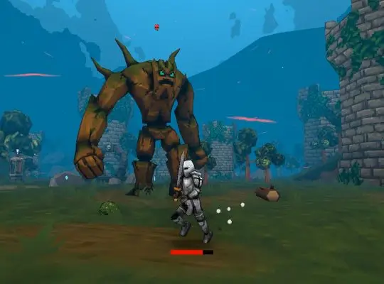 A colorful, low-poly 3D screenshot from the action game MegaBonk showing a knight character with a sword running away from a massive, brown, horned, tree-like giant in a grassy outdoor ruin environment.
