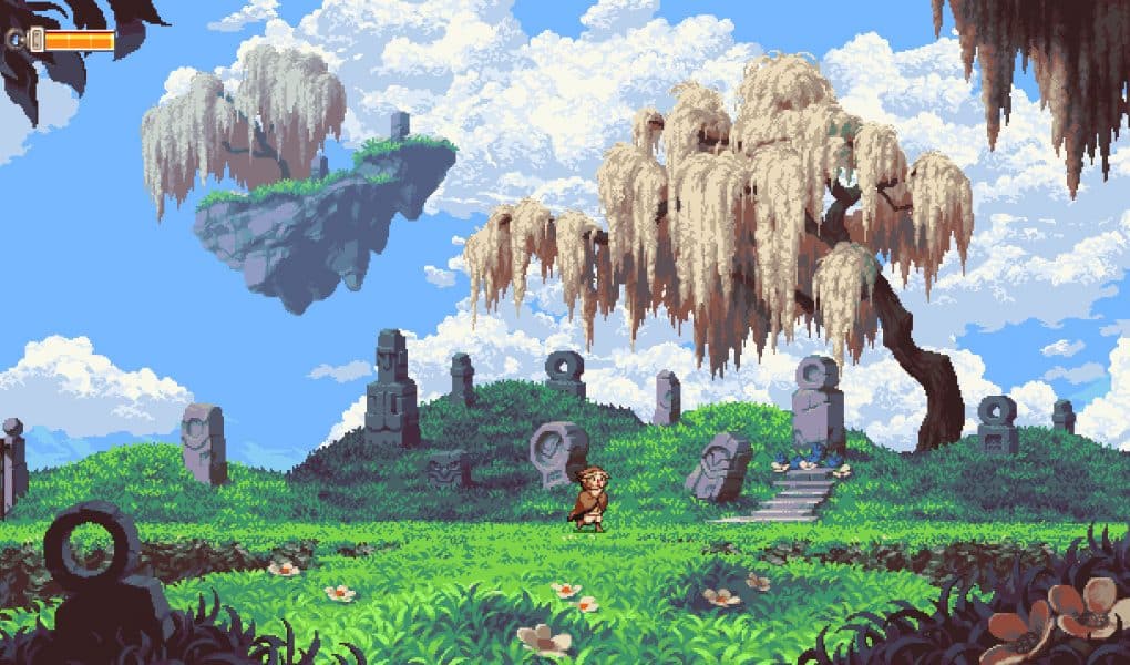 A beautiful pixel art screenshot from Owlboy showing a small, brown-haired character standing in a lush green field surrounded by ancient stone ruins, under a bright blue sky with large, moss-covered floating islands and a white, weeping willow-like tree.