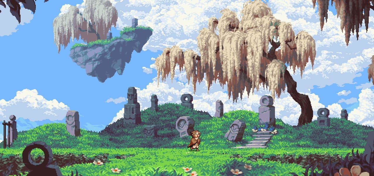 A beautiful pixel art screenshot from Owlboy showing a small, brown-haired character standing in a lush green field surrounded by ancient stone ruins, under a bright blue sky with large, moss-covered floating islands and a white, weeping willow-like tree.