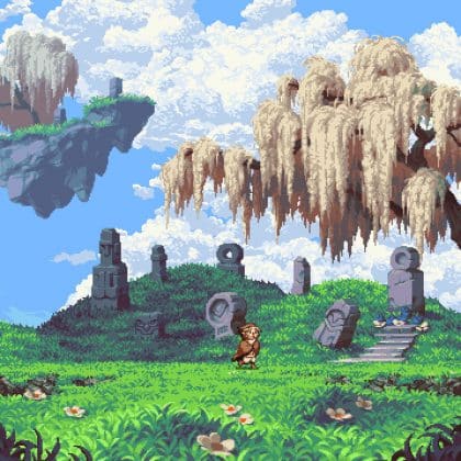 A beautiful pixel art screenshot from Owlboy showing a small, brown-haired character standing in a lush green field surrounded by ancient stone ruins, under a bright blue sky with large, moss-covered floating islands and a white, weeping willow-like tree.