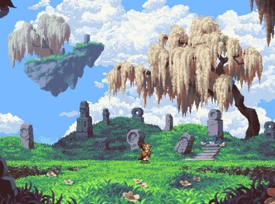 A beautiful pixel art screenshot from Owlboy showing a small, brown-haired character standing in a lush green field surrounded by ancient stone ruins, under a bright blue sky with large, moss-covered floating islands and a white, weeping willow-like tree.
