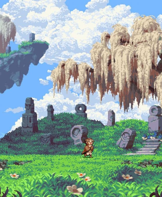 A beautiful pixel art screenshot from Owlboy showing a small, brown-haired character standing in a lush green field surrounded by ancient stone ruins, under a bright blue sky with large, moss-covered floating islands and a white, weeping willow-like tree.