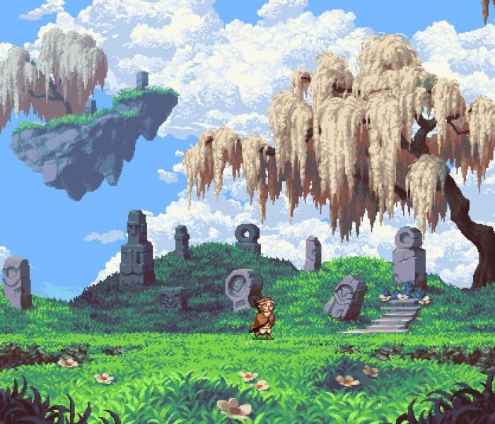 A beautiful pixel art screenshot from Owlboy showing a small, brown-haired character standing in a lush green field surrounded by ancient stone ruins, under a bright blue sky with large, moss-covered floating islands and a white, weeping willow-like tree.