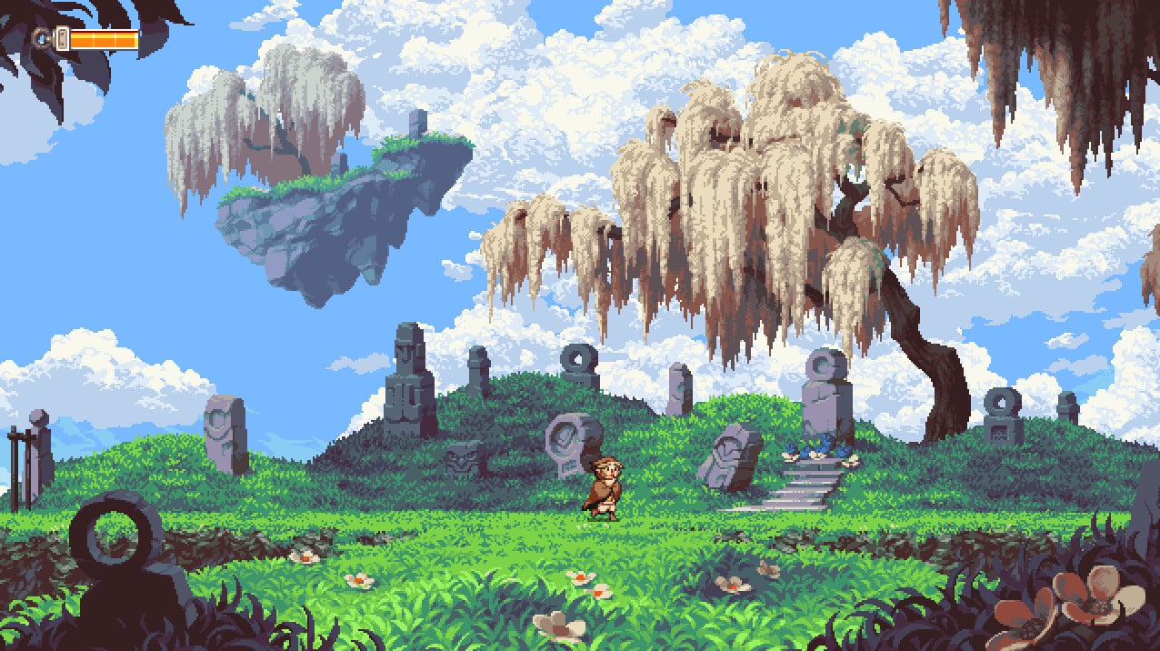 A beautiful pixel art screenshot from Owlboy showing a small, brown-haired character standing in a lush green field surrounded by ancient stone ruins, under a bright blue sky with large, moss-covered floating islands and a white, weeping willow-like tree.