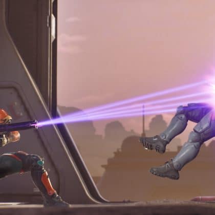 A futuristic third-person screenshot from Splitgate Arena Reloaded showing a player in orange and black armor firing a purple energy weapon at an opponent in white armor who is launched backward by the impact.