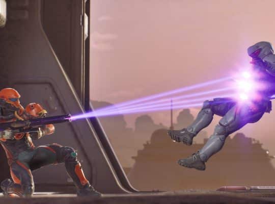 A futuristic third-person screenshot from Splitgate Arena Reloaded showing a player in orange and black armor firing a purple energy weapon at an opponent in white armor who is launched backward by the impact.