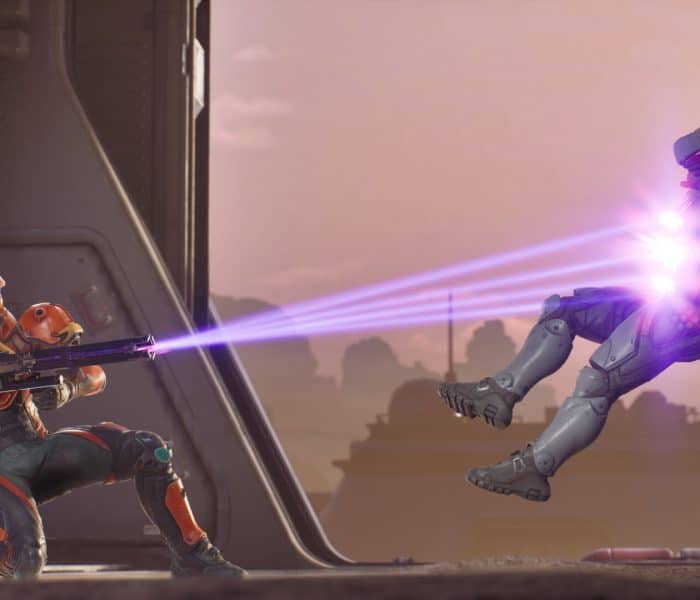 A futuristic third-person screenshot from Splitgate Arena Reloaded showing a player in orange and black armor firing a purple energy weapon at an opponent in white armor who is launched backward by the impact.