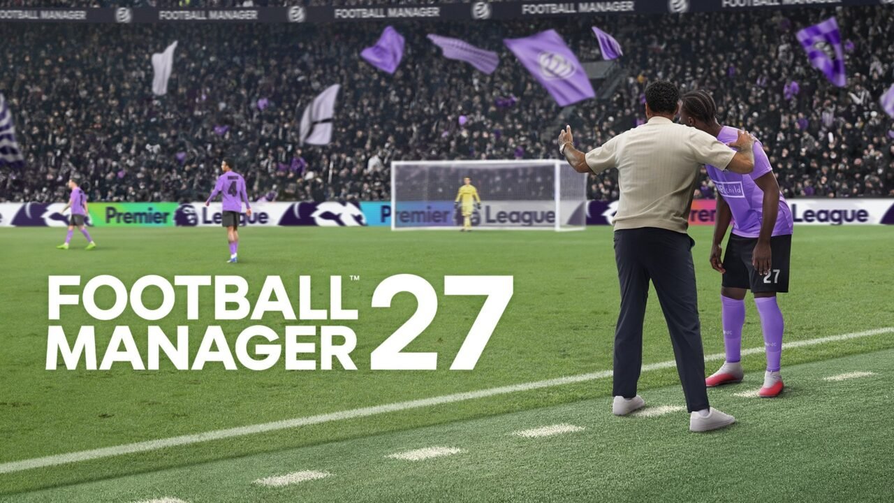 Football Manager 27 key art: a manager and player on the touchline in front of a packed stadium
