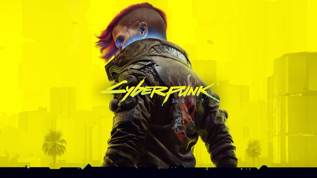 Cyberpunk 2077 key art: V in a jacket against a yellow Night City skyline