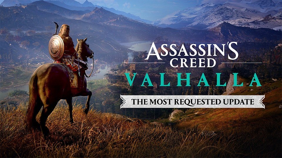 Assassin's Creed Valhalla art of Eivor on horseback on a grassy hillside beside the Valhalla logo and a banner reading The Most Requested Update