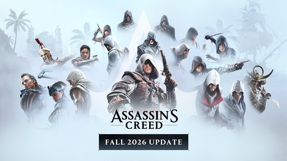 A crowd of hooded Assassin's Creed heroes gathered above the Assassin's Creed logo and a Fall 2026 Update banner