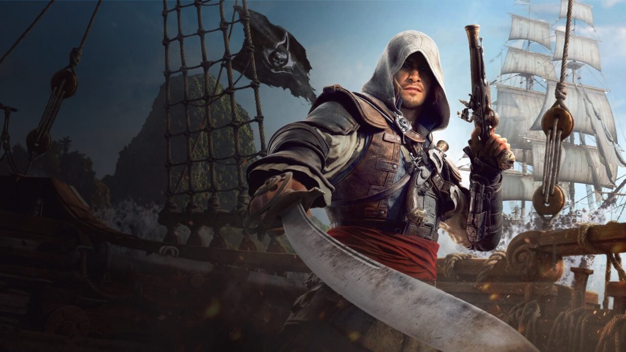 Edward Kenway in hooded Assassin robes, sword in hand, on the deck of a ship with sails and a Jolly Roger behind him