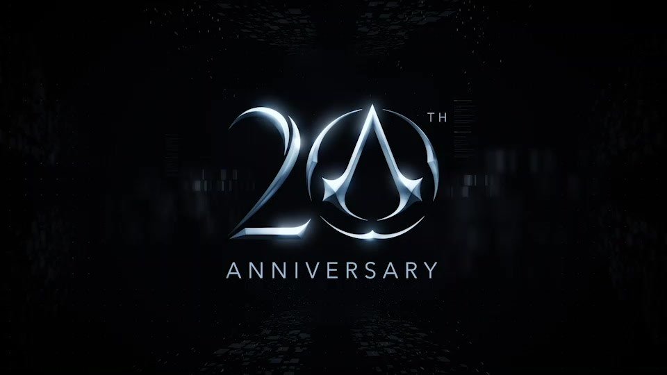 The Assassin's Creed 20th anniversary logo: a silver 20 with the Assassin's Creed insignia as the zero, above the word Anniversary, on a dark background
