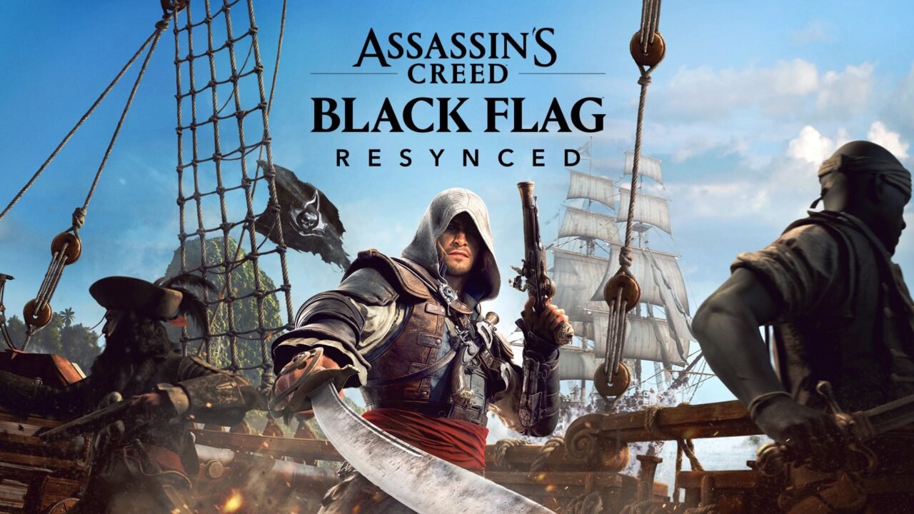 Edward Kenway holding a cutlass and pistol on the deck of a ship beneath the Assassin's Creed Black Flag Resynced logo