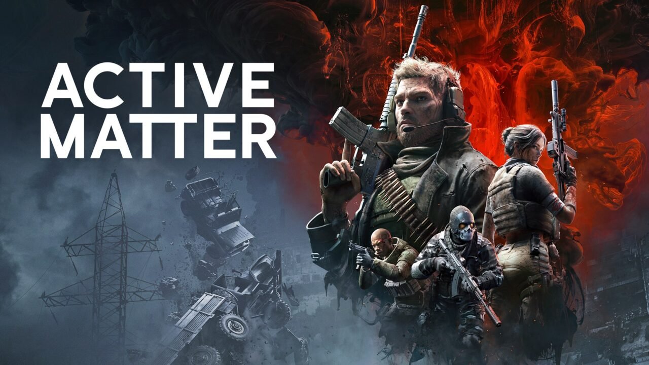 Active Matter key art showing four armed operatives in front of red and black smoke, with the game's logo on the left