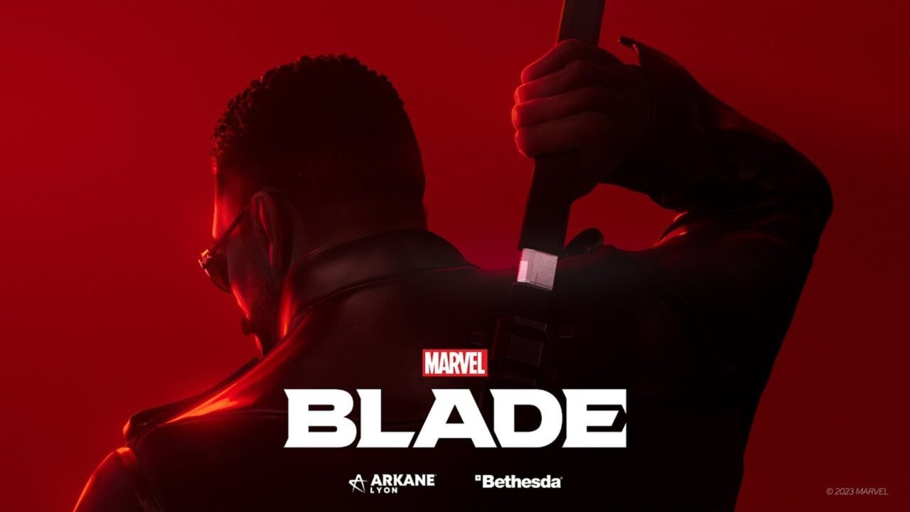 Marvel's Blade key art showing Blade from behind in red light, hand on a sword, above the Marvel Blade logo with Arkane Lyon and Bethesda logos