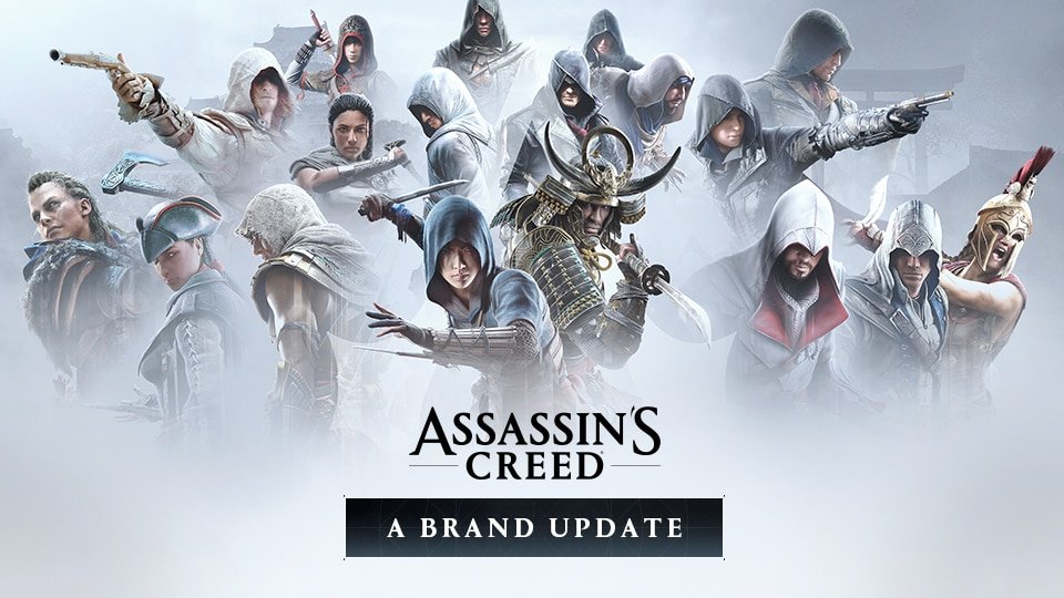 A line-up of Assassin's Creed heroes from across the series above the Assassin's Creed logo and the words A Brand Update