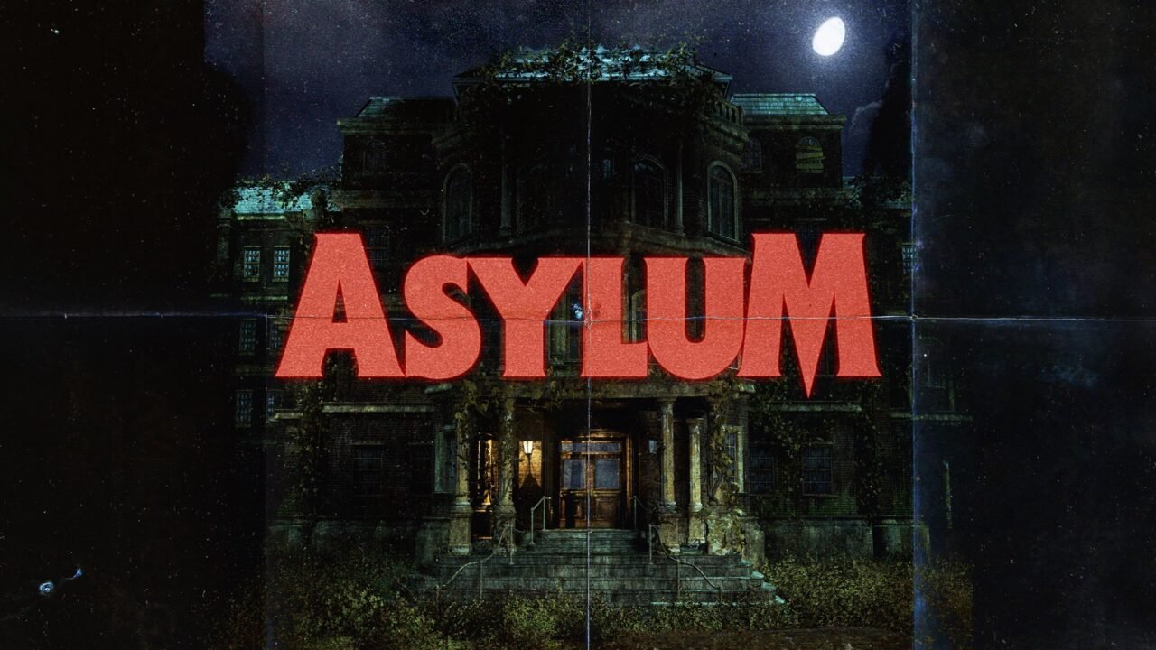 Asylum key art: the red Asylum logo over the dark, overgrown front of the Hanwell Mental Institute at night, with a full moon and a single lit doorway